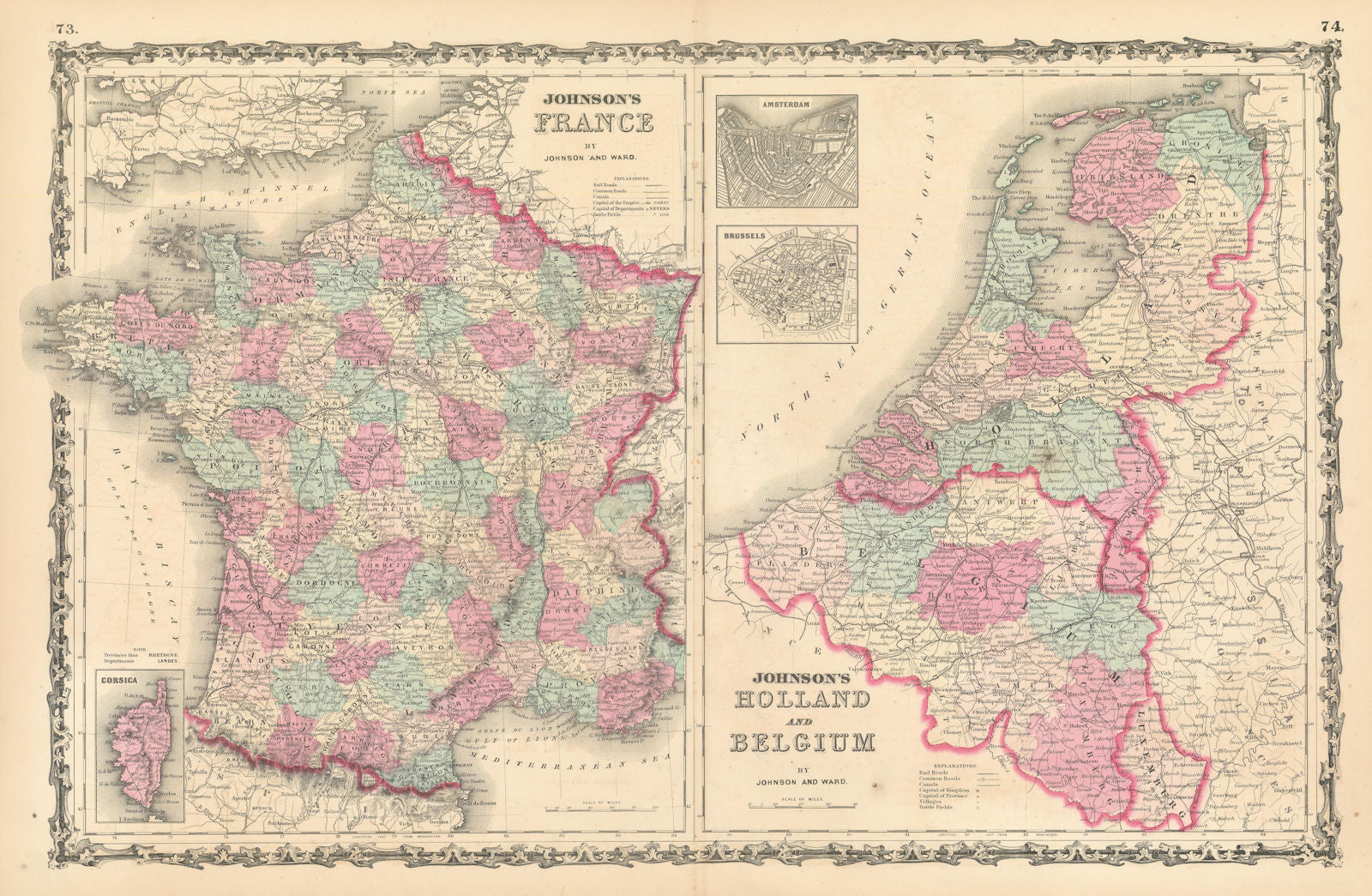 Johnson's France, Holland & Belgium. 2 maps on one sheet 1862 old antique